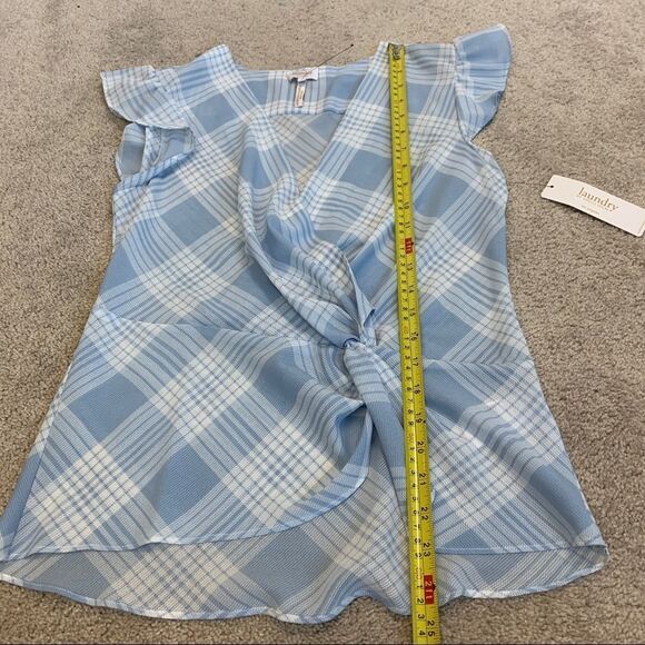 FRONT knot wrap plaid check blouse ruffle sleeve Blue white Sz S NWT - Picture 10 of 11
